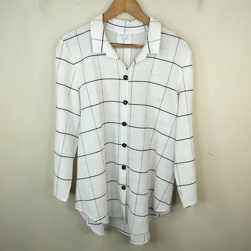 Habitat Clothes to Live In Button Down Shirt Tunic Large Windowpane White Black